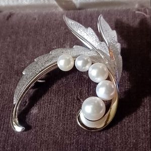 Mikimoto Vintage Akoya Pearl Leaf Pin, Sterling Silver